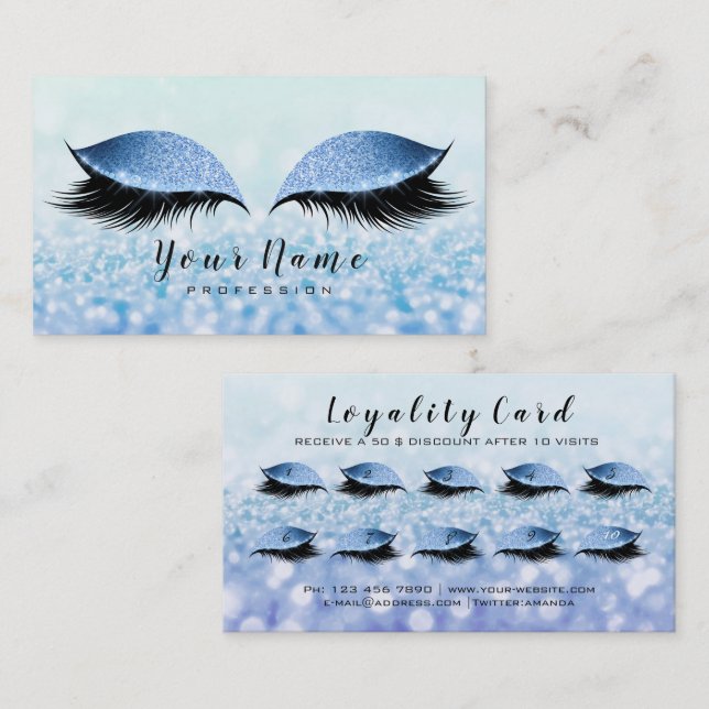 Beauty Loyalty Card 10 Makeup Lash Blue Glitter1 Lojalitetskort (Fram/baksida)