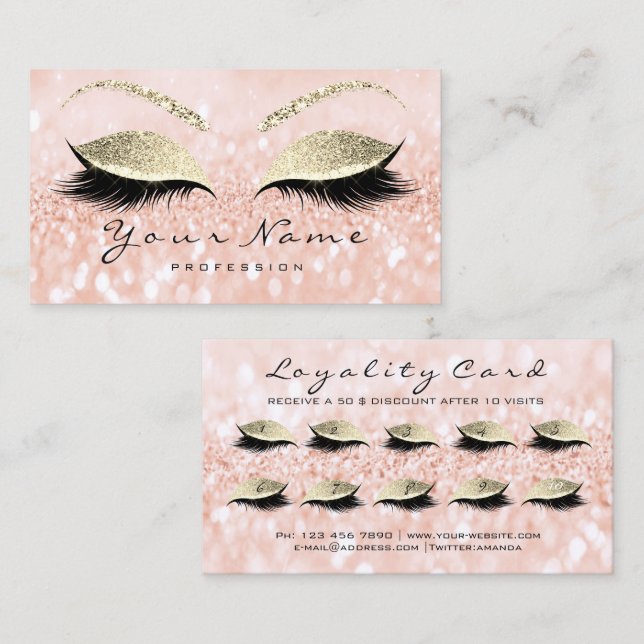 Beauty Loyalty Card 10 Makeup Lash Guld Peach Lojalitetskort (Fram/baksida)