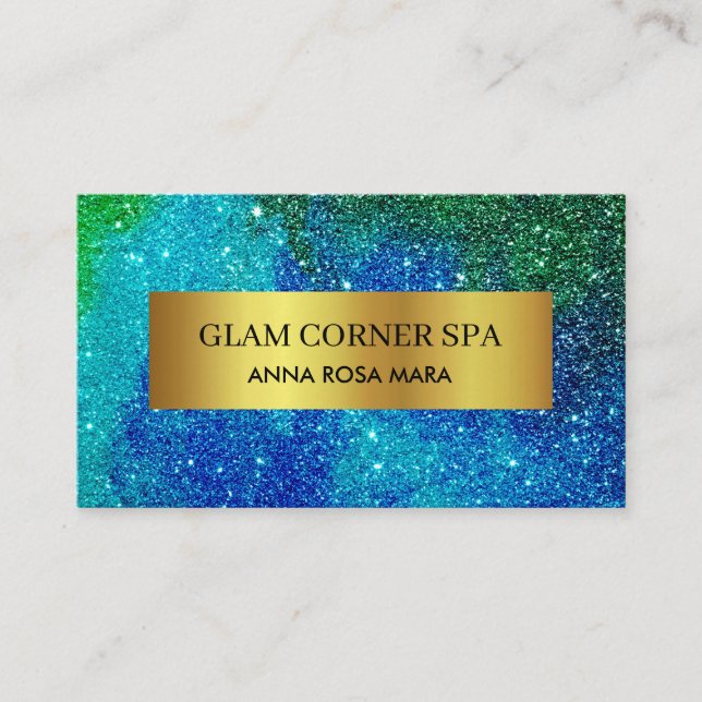 *~* Beauty Luxury Gold Foil QR Glitter Blue Grönt Visitkort (Framsida)