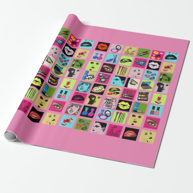 Beauty Makeup Cosmetics women ansikte collage art Presentpapper (Utrullad)