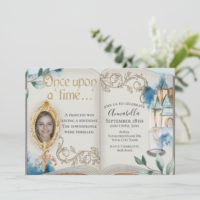Beauty och Beast Fairy Tale Bok Photo Inbjudningar (Stående Fram)