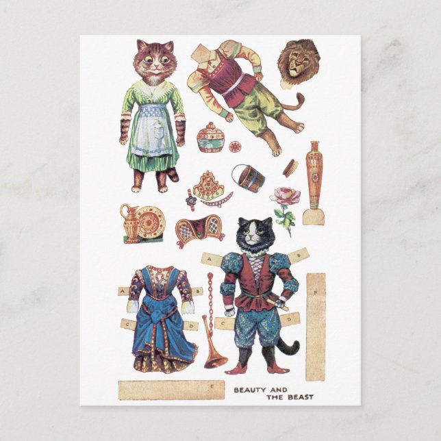 Beauty och Beast, Papper Doll, Louis Wain Vykort (Framsida)