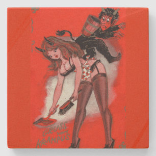 Beauty och Krampus Vintage Julafton Julen Stenunderlägg