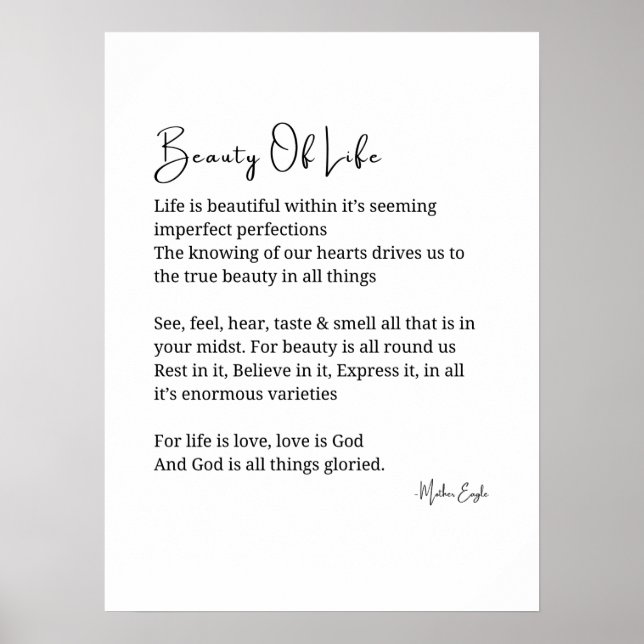 Beauty of Life Inspirational Dikt Art Poster (Framsidan)