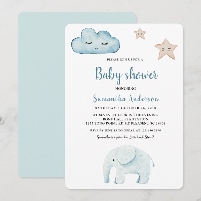 Beauty Pastel Blue Elephant Inbjudningar (Fram/baksida)