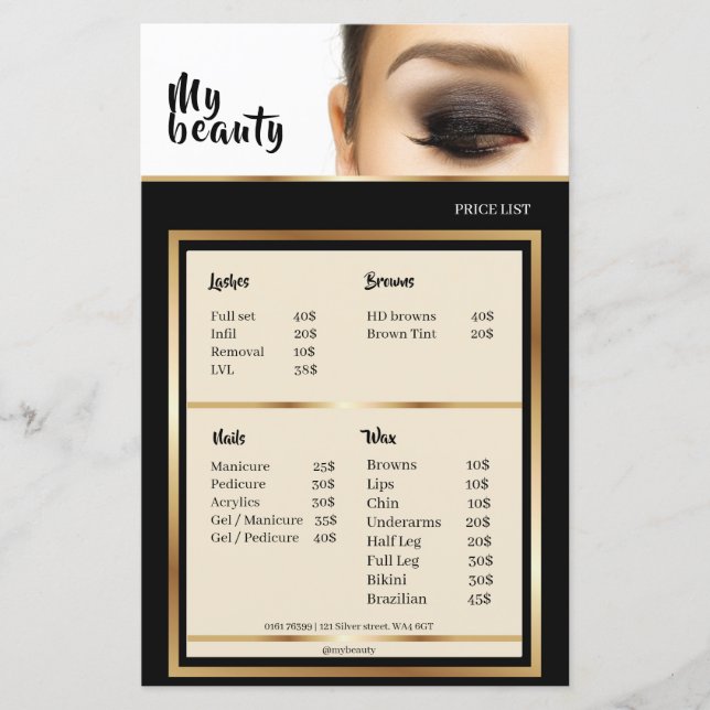Beauty Salon Black & Golden Ram Pris List (Framsida)