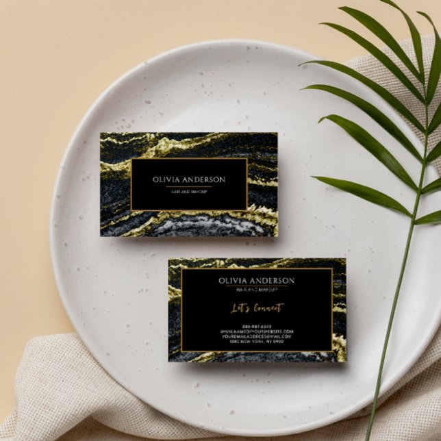 Beauty Salon Black White Guld Glitter Marble Agate Visitkort (Skapare uppladdad)
