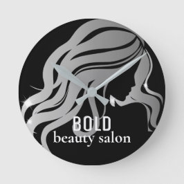 Beauty Salon Business Namn Metallic Silver + Black Rund Klocka
