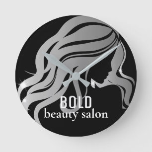 Beauty Salon Business Namn Metallic Silver + Black Rund Klocka