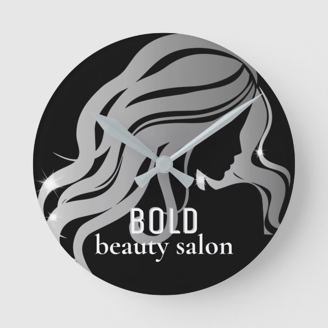 Beauty Salon Business Namn Metallic Silver + Black Rund Klocka (Framsida)