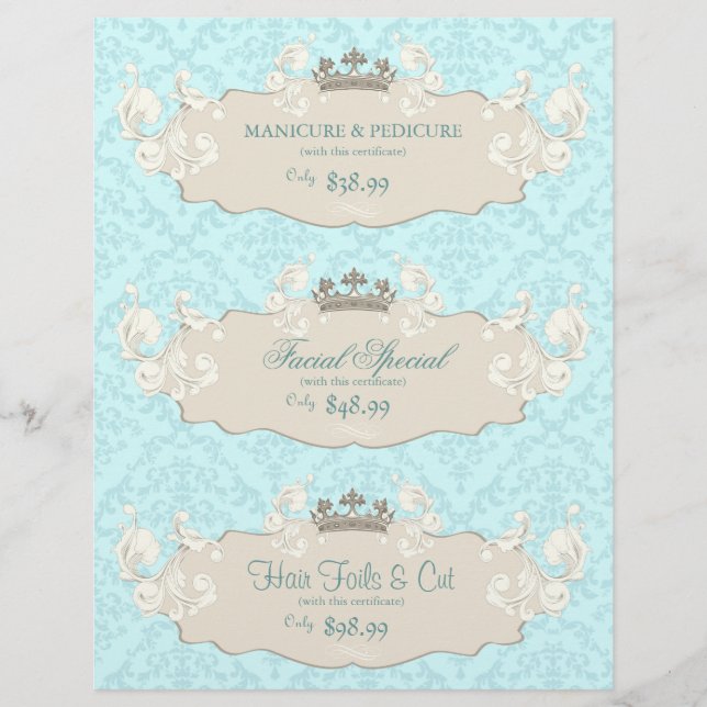 Beauty Salon Flyer Krona Blue Beige Damask (Framsidan)