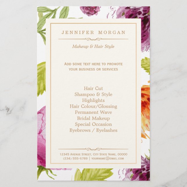Beauty Salon Garden Blommigt Boutique Service Menu Flygblad (Framsidan)
