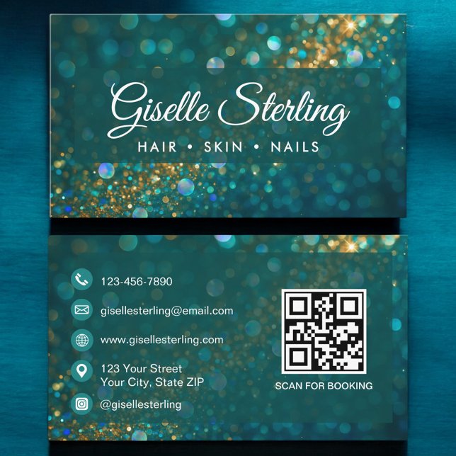 Beauty Salon Guld Glitter Teal QR-kod Visitkort (Skapare uppladdad)
