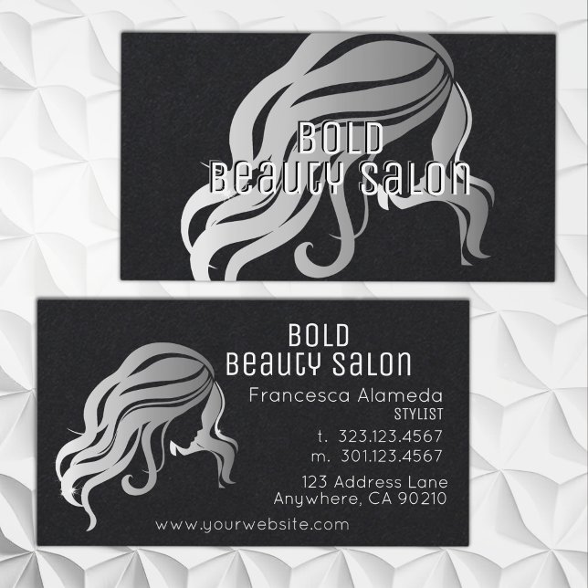Beauty Salon Metallic Silver Hair Stylist Black Visitkort (Skapare uppladdad)