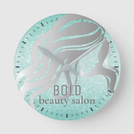 Beauty Salon Namn Silver Foil + Aqua Blue Glitter Rund Klocka