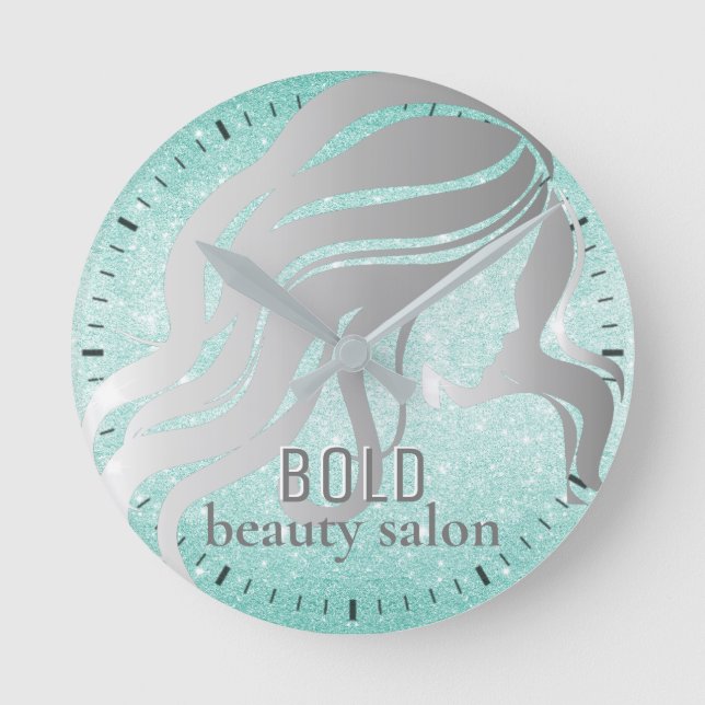 Beauty Salon Namn Silver Foil + Aqua Blue Glitter Rund Klocka (Framsida)