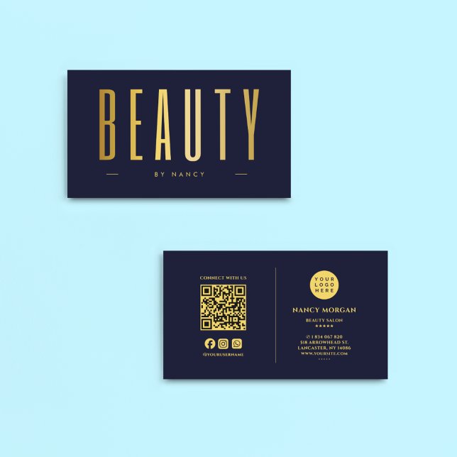 Beauty Salon Navy och Guld QR Code & Logotyp Visitkort (Skapare uppladdad)