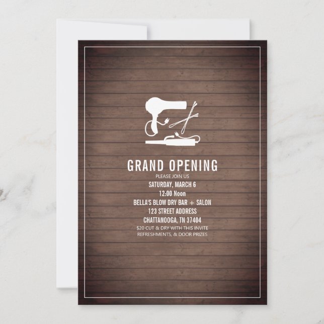 Beauty Salon Opening Hair Verktyg Rustic Wood Inbjudningar (Framsida)