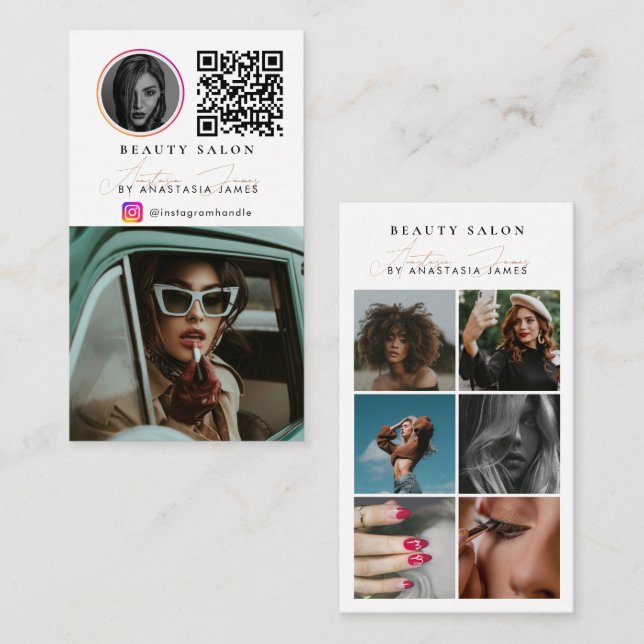 Beauty Salon Photo Feed Social Media QR Code Visitkort (Fram/baksida)