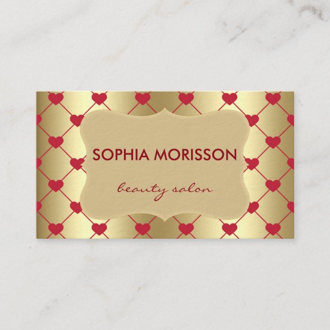 Beauty Salon Red Hearts&Golden Monogram Visitkort (Framsida)