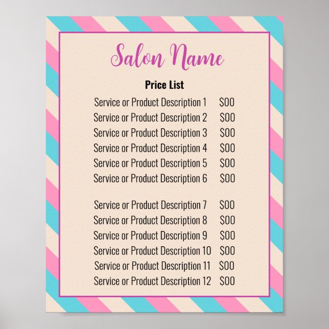 Beauty Salon Rosa Beige Blue Stripe Pris List Poster (Framsidan)