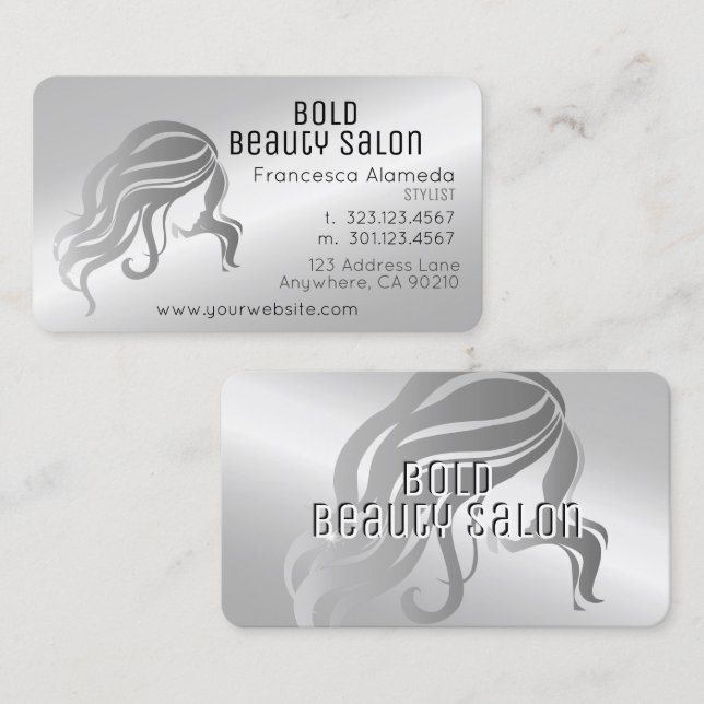 Beauty Salon Stylist Metallic Platinum Silver Visitkort (Fram/baksida)