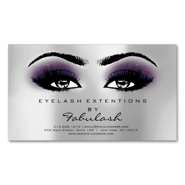 Beauty Salon Violet Silver Adress Makeup Lash Magnetiska Visitkort (Framsida)
