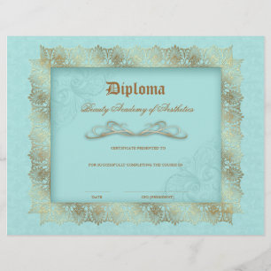 Beauty School Diploma Blue Guld Snöre Ram Reklamblad