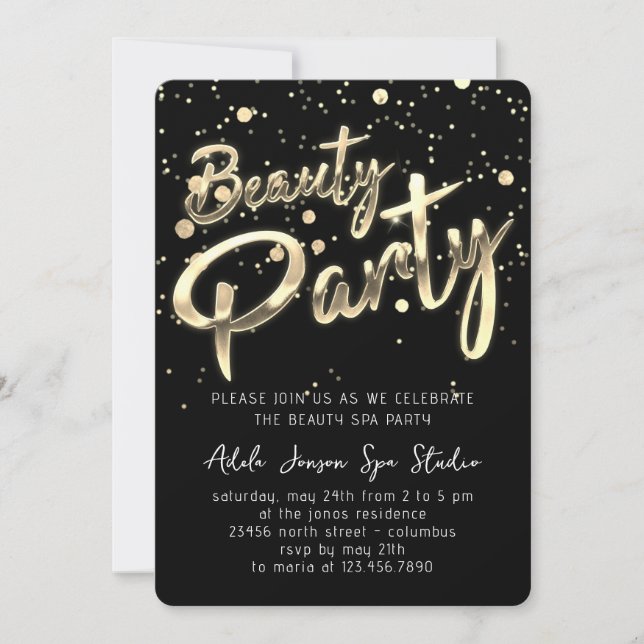 Beauty SPA Party Instant Download Black Guld Inbjudningar (Framsida)
