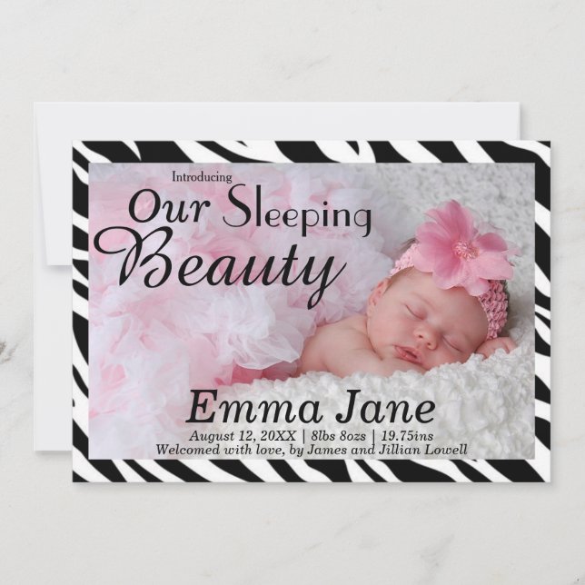 Beauty-utskrift av Zebra Sleeping Beauty Födelseme Meddelande (Framsida)