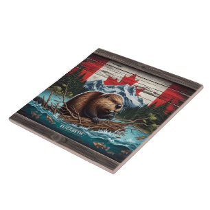 Beaver by Mountain, Kanadas Flagga Kakelplatta