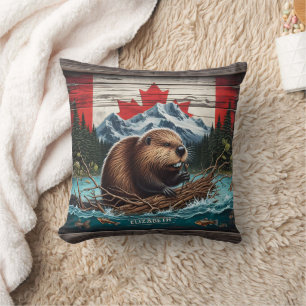 Beaver by Mountain, Kanadas Flagga Kudde