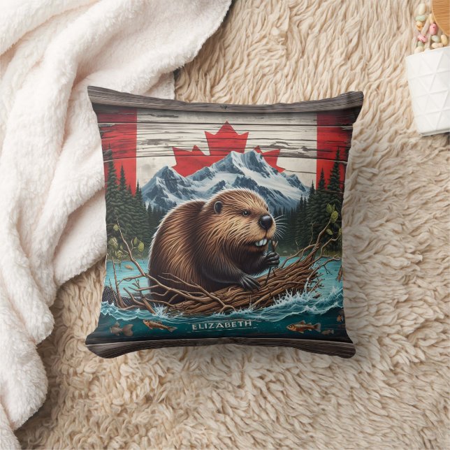 Beaver by Mountain, Kanadas Flagga Kudde (Filt)