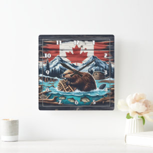 Beaver Bygger damm i Canadian Wilderness Scene Fyrkantig Klocka