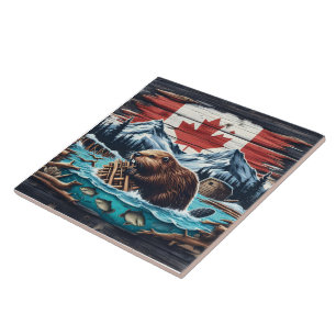 Beaver Bygger damm i Canadian Wilderness Scene Kakelplatta