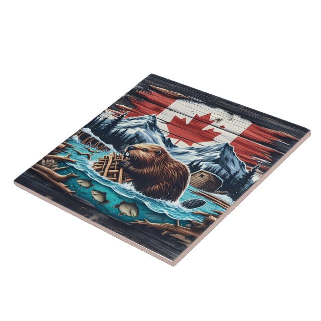Beaver Bygger damm i Canadian Wilderness Scene Kakelplatta (Sidan)
