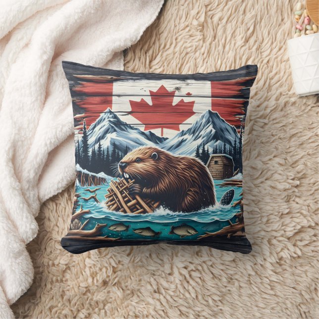 Beaver Bygger damm i Canadian Wilderness Scene Kudde (Filt)