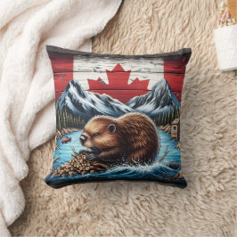 Beaver Bygger damm med kanadensisk Flagga bakgrund Kudde