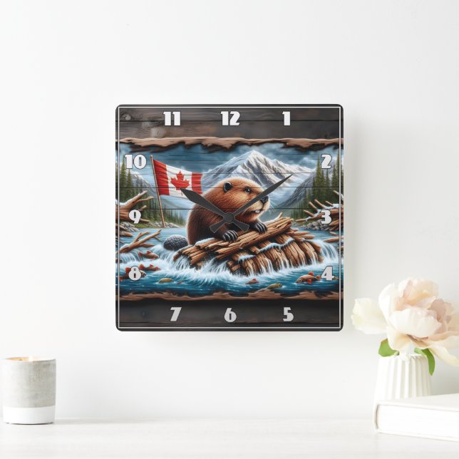 Beaver Bygger Lodge by Mountain Stream Fyrkantig Klocka (Hem)