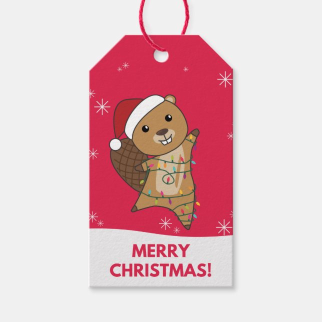 Beaver Cheerful jul Winter Animals Beavers G Presentetikett (Framsidan)