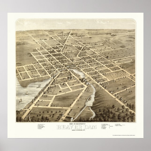 Beaver Dam, WI Panoramic Karta - 1867 Poster (Framsidan)