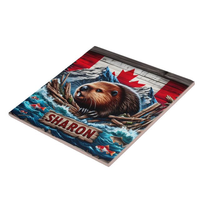 Beaver från Vatten med kanadensisk Flagga Kakelplatta (Sidan)