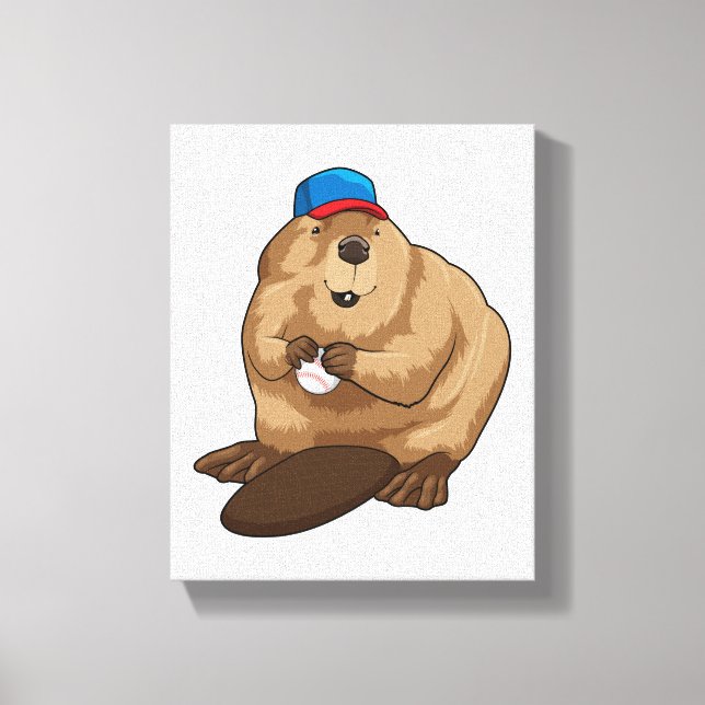 Beaver i Baseball med Baseball boll Canvastryck (Framsida)