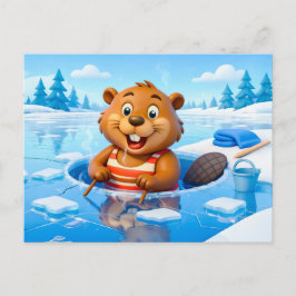 Beaver Ice Bathing in a Striped Swimsuit Vykort