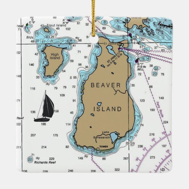 Beaver Island Michigan Nautical Chart Julgransprydnad Keramik (Baksida)