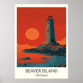 Beaver Island Michigan Vintage Lighthouse Art Poster