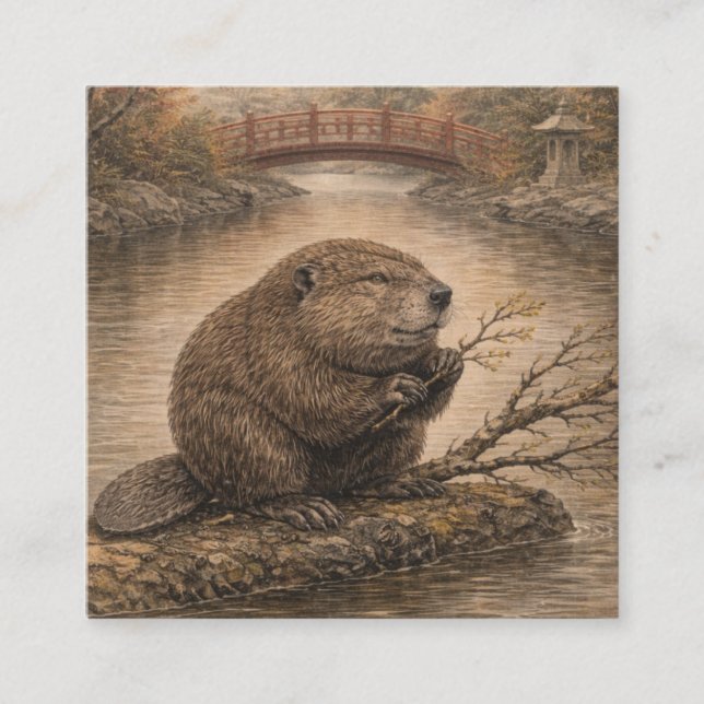 Beaver Japanese Landscape Card Fyrkantigt Visitkort (Framsida)