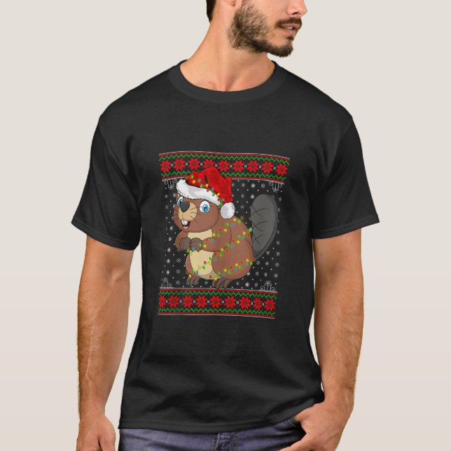 Beaver jul Ljus Ugly Sweater Stil Santa B T Shirt (Framsida)