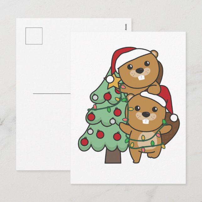 Beaver Julgran jul Animals Beavers Helg Vykort (Fram/baksida)