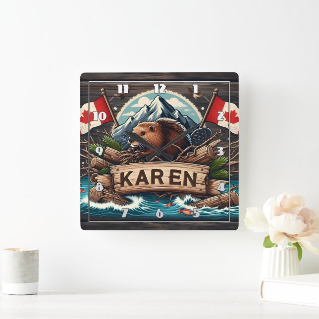 Beaver, Logs, Flaggor och Berger Fyrkantig Klocka (Hem)